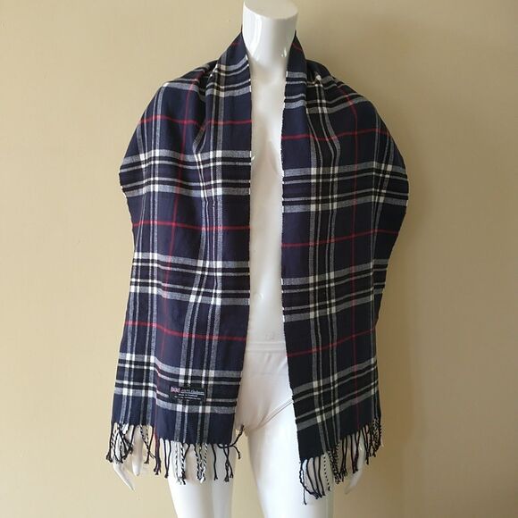 Made In Scotland Scarf 100% Cashmere Blue Plaid Fringes Rectangle 13x65" - Picture 1 of 7